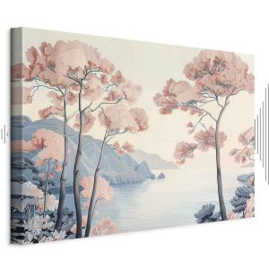 Tableau - Landscape with the Ocean Cliffs and Trees in Delicate Pink Shades