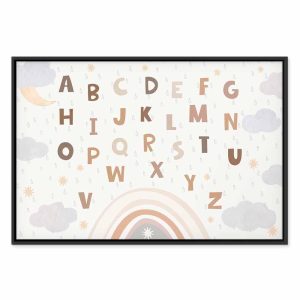 Tableau - Letters Above the Rainbow - Letters Among Streams of Rain and Clouds with a Rainbow Moon and Stars on a Light Background