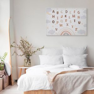 Tableau - Letters Above the Rainbow - Letters Among Streams of Rain and Clouds with a Rainbow Moon and Stars on a Light Background