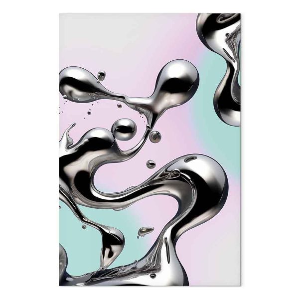 Tableau - Metallic Fluidity - Abstract Silver Forms on a Mint-Purple Background