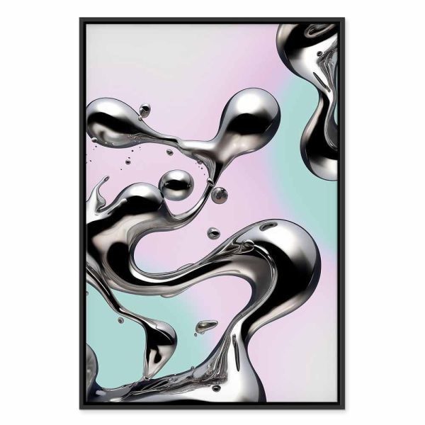 Tableau - Metallic Fluidity - Abstract Silver Forms on a Mint-Purple Background