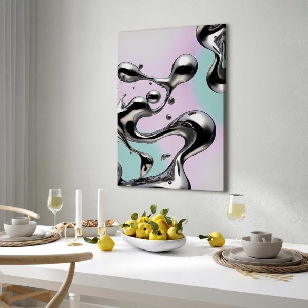 Tableau - Metallic Fluidity - Abstract Silver Forms on a Mint-Purple Background