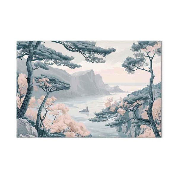 Tableau - Mountainous Coast with Trees and Rocks in Light Pastel Blues