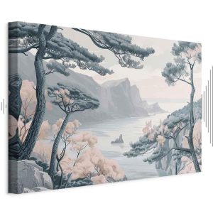Tableau - Mountainous Coast with Trees and Rocks in Light Pastel Blues