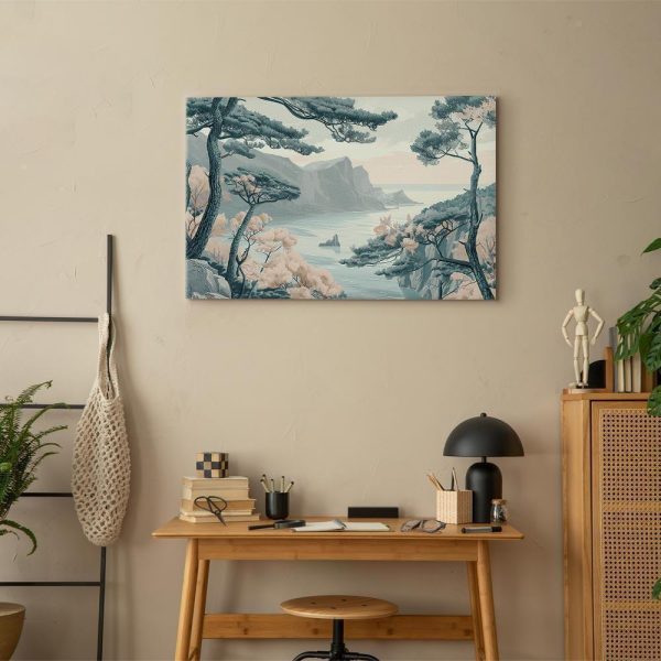 Tableau - Mountainous Coast with Trees and Rocks in Light Pastel Blues