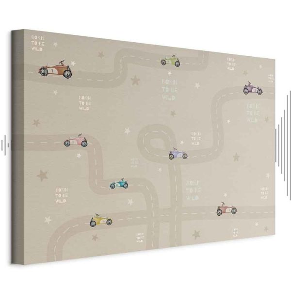 Tableau - Race - Colorful Cars on a Road on a Beige Background with Inscriptions Tableau - Race - Colorful Cars on a Road on a Beige Background with Inscriptions