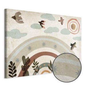 Tableau - Rainbow and Sun Above - Birds in Subdued Colors Flying Among Clouds Above a Rainbow and Various Plants on a Light Background