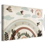Tableau - Rainbow and Sun Above - Birds in Subdued Colors Flying Among Clouds Above a Rainbow and Various Plants on a Light Background