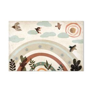 Tableau - Rainbow and Sun Above - Birds in Subdued Colors Flying Among Clouds Above a Rainbow and Various Plants on a Light Background