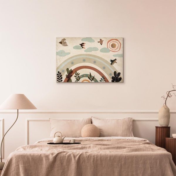 Tableau - Rainbow and Sun Above - Birds in Subdued Colors Flying Among Clouds Above a Rainbow and Various Plants on a Light Background