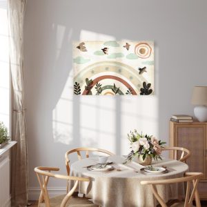 Tableau - Rainbow and Sun Above - Birds in Subdued Colors Flying Among Clouds Above a Rainbow and Various Plants on a Light Background