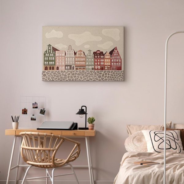 Tableau - Salt Square - Colorful Illustrated Townhouses Against a Cloudy Sky Background