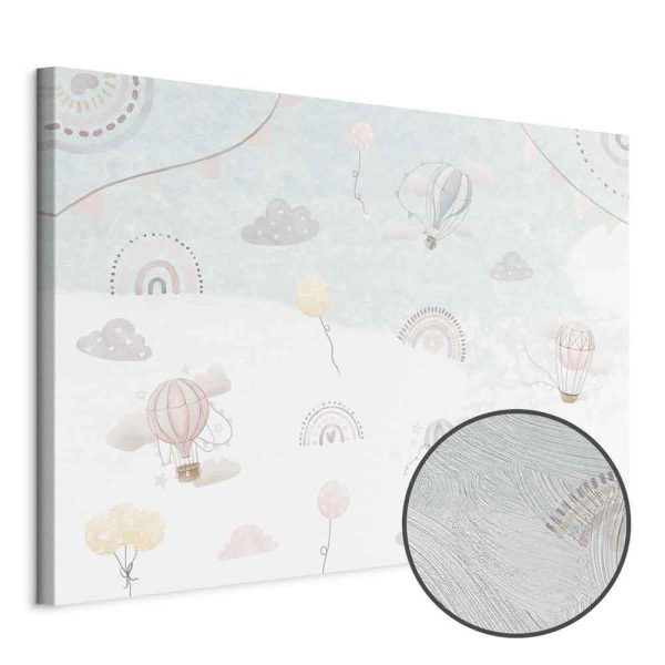 Tableau - Sky with Balloons - Balloons in Subdued Colors Flying in the Sky Among Clouds Rainbows and Stars