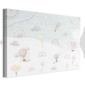 Tableau - Sky with Balloons - Balloons in Subdued Colors Flying in the Sky Among Clouds Rainbows and Stars