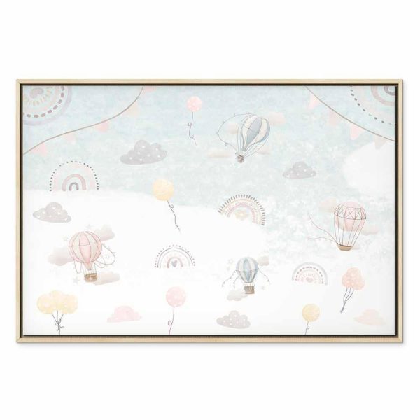 Tableau - Sky with Balloons - Balloons in Subdued Colors Flying in the Sky Among Clouds Rainbows and Stars
