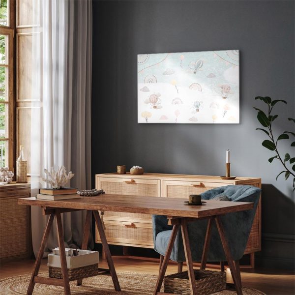 Tableau - Sky with Balloons - Balloons in Subdued Colors Flying in the Sky Among Clouds Rainbows and Stars