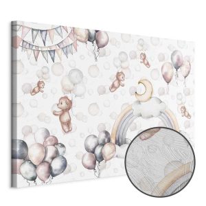 Tableau - Toy Bears with Balloons - Flying Plush Bears Among Balloons Clouds and Rainbows in Subtle Pastel Hues