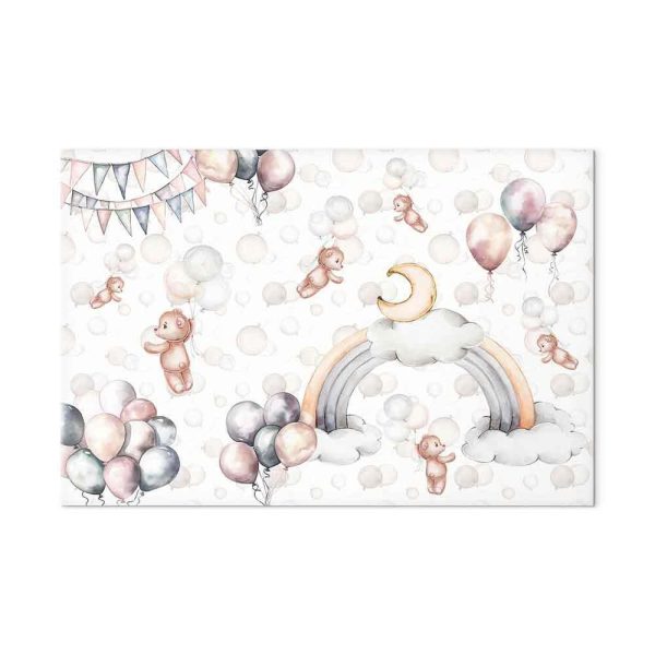 Tableau - Toy Bears with Balloons - Flying Plush Bears Among Balloons Clouds and Rainbows in Subtle Pastel Hues