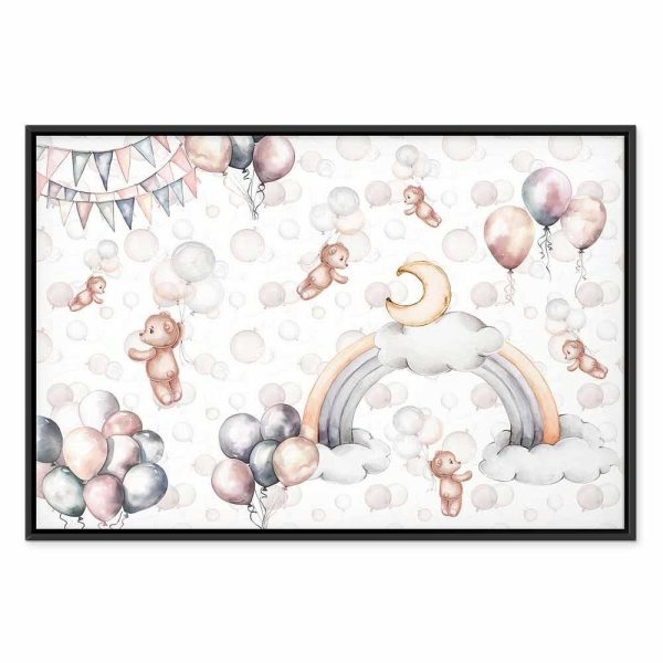 Tableau - Toy Bears with Balloons - Flying Plush Bears Among Balloons Clouds and Rainbows in Subtle Pastel Hues