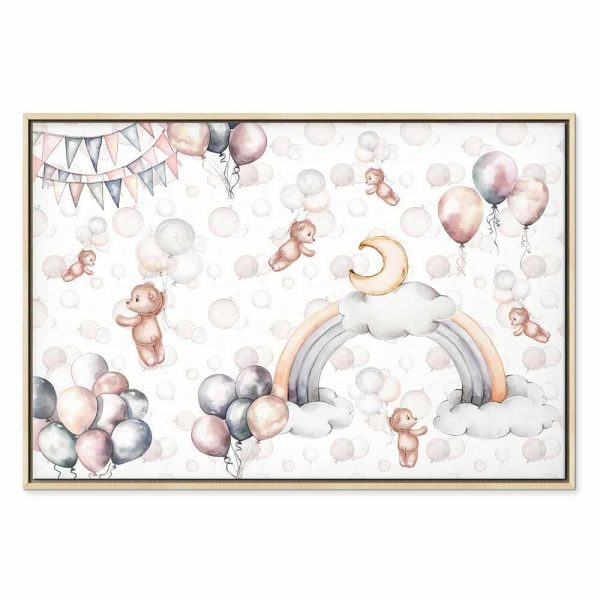 Tableau - Toy Bears with Balloons - Flying Plush Bears Among Balloons Clouds and Rainbows in Subtle Pastel Hues