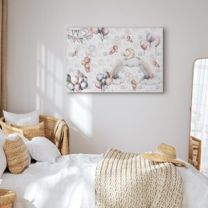 Tableau - Toy Bears with Balloons - Flying Plush Bears Among Balloons Clouds and Rainbows in Subtle Pastel Hues