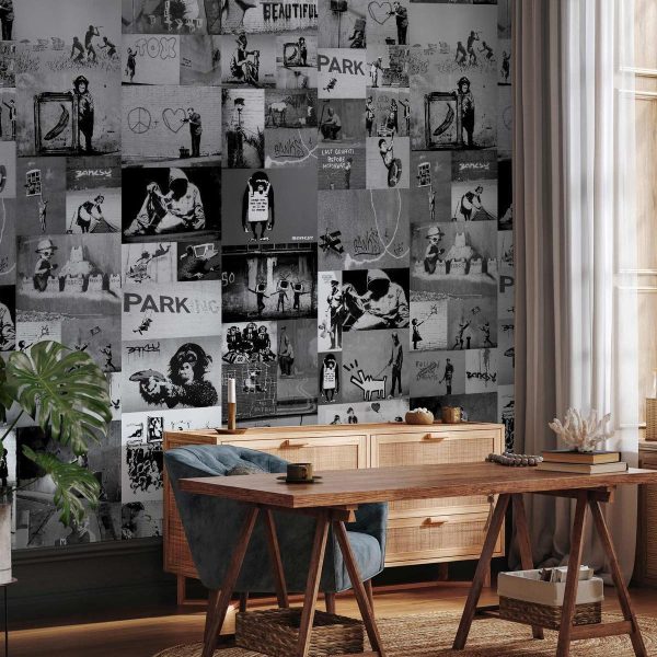 Tapisserie murale - Banksy - grey collage