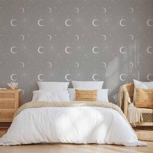 Tapisserie murale - Cosmic Fireworks - Elegant pattern with moons and stars on a gray background