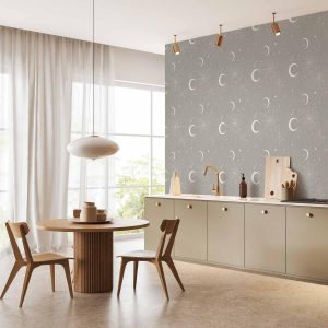 Tapisserie murale - Cosmic Fireworks - Elegant pattern with moons and stars on a gray background