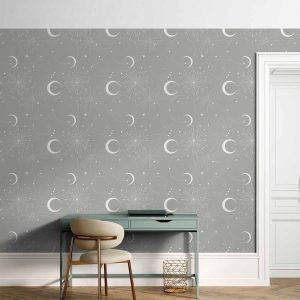 Tapisserie murale - Cosmic Fireworks - Elegant pattern with moons and stars on a gray background
