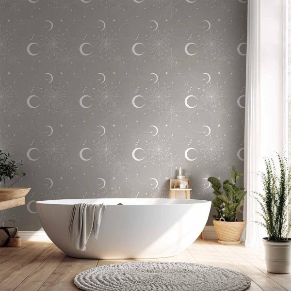 Tapisserie murale - Cosmic Fireworks - Elegant pattern with moons and stars on a gray background