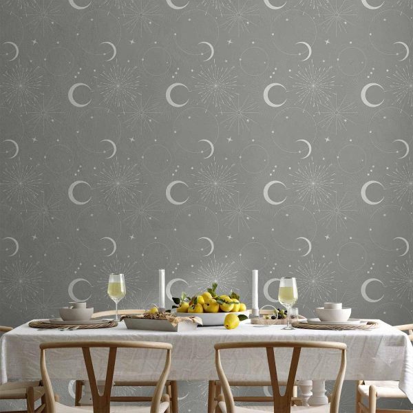Tapisserie murale - Cosmic Fireworks - Elegant pattern with moons and stars on a gray background