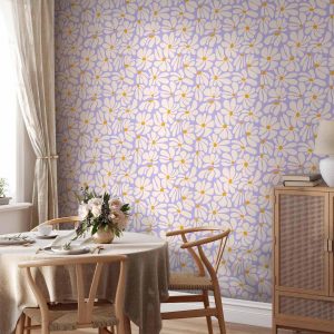 Tapisserie murale - Cute Creamy Little Flowers - Small flowers with creamy - wind-blown petals on a blue background