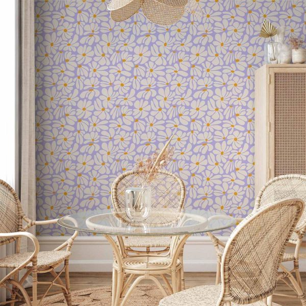 Tapisserie murale - Cute Creamy Little Flowers - Small flowers with creamy - wind-blown petals on a blue background