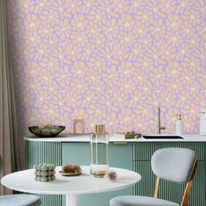 Tapisserie murale - Cute Light-Beige Little Flowers - Small flowers with beige - undulating petals on a blue background