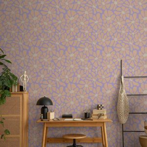 Tapisserie murale - Cute Light-Beige Little Flowers - Small flowers with beige - undulating petals on a blue background