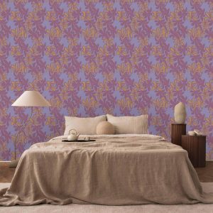 Tapisserie murale - Exotic - Two-Tone Flowers - Flowers in purple and orange on a blue background