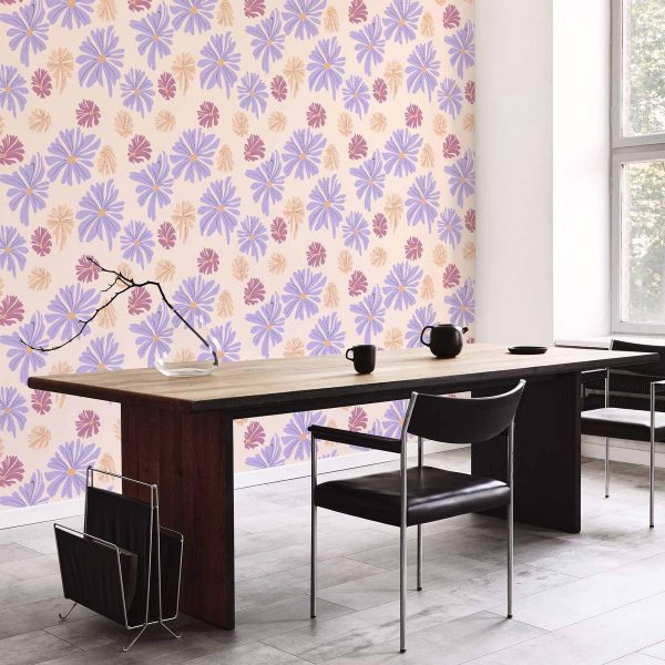 Tapisserie murale - Floating Flowers - Tiny - wind-borne flowers in three colors - on a light background