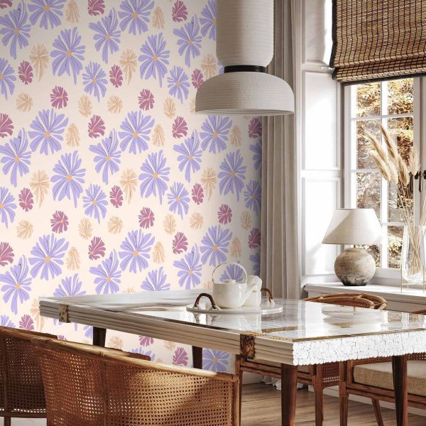 Tapisserie murale - Floating Flowers - Tiny - wind-borne flowers in three colors - on a light background