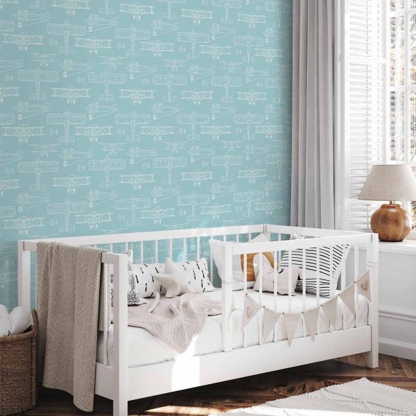 Tapisserie murale - Sketch - Outline of an airplane in white on a turquoise background