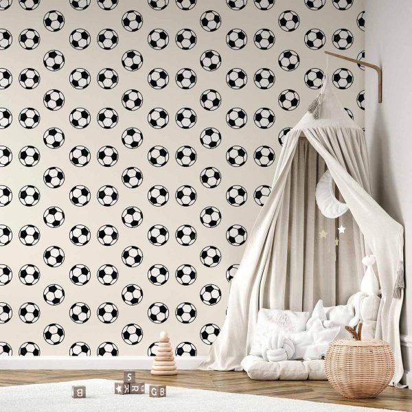 Tapisserie murale - Soccer - Symmetrical black-and-white soccer balls on a beige background