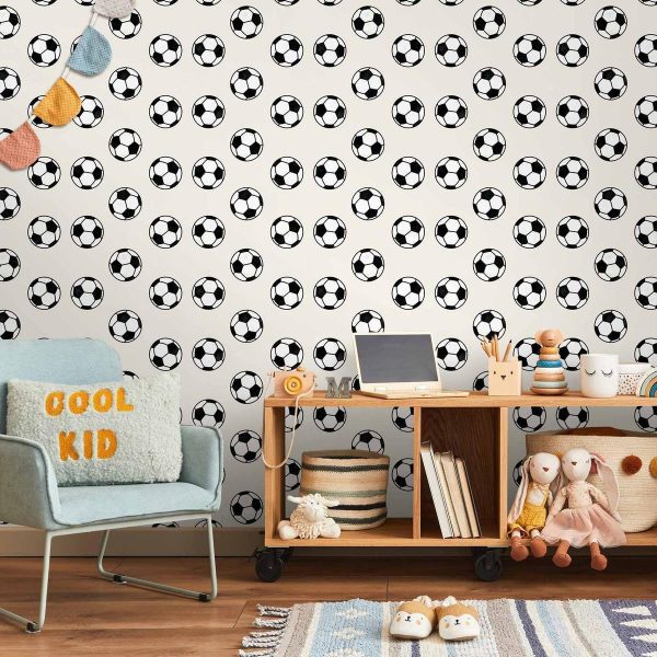 Tapisserie murale - Soccer - Symmetrical black-and-white soccer balls on a beige background