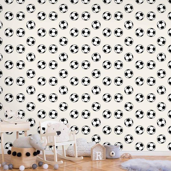 Tapisserie murale - Soccer - Symmetrical black-and-white soccer balls on a beige background