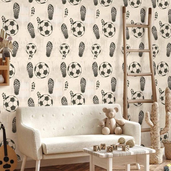 Tapisserie murale - Traces and Balls - Black-and-white soccer motifs on a beige background