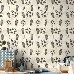 Tapisserie murale - Traces and Balls - Black-and-white soccer motifs on a beige background
