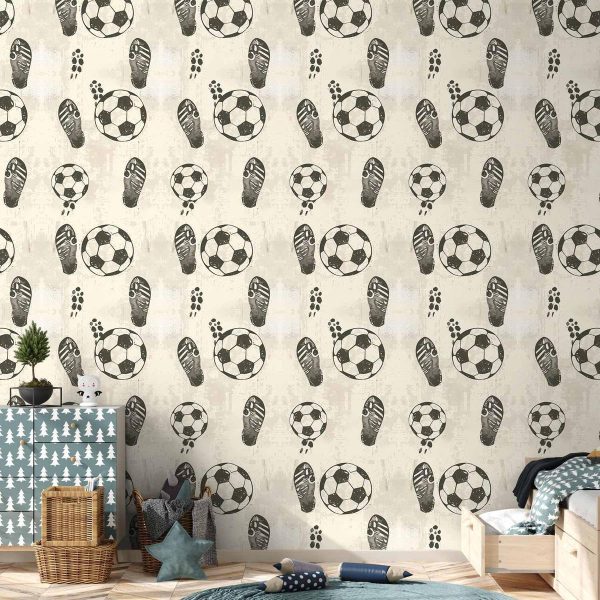 Tapisserie murale - Traces and Balls - Black-and-white soccer motifs on a beige background