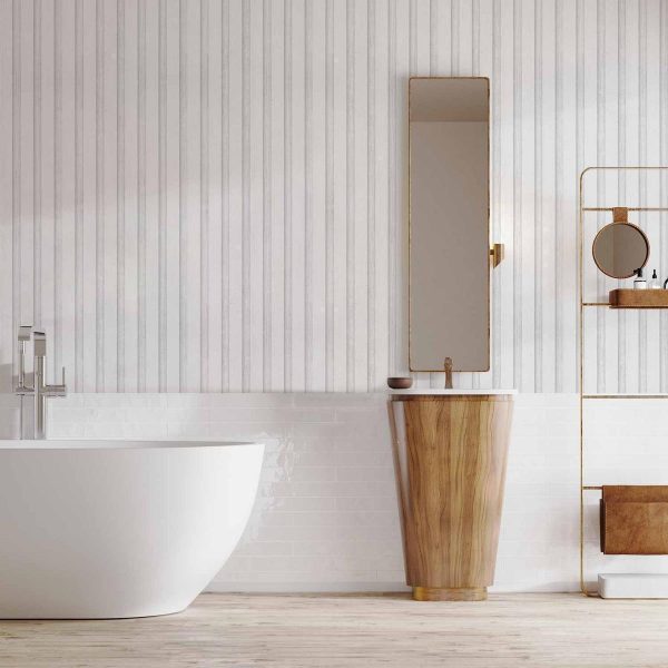 Tapisserie murale - Wooden Texture - Symmetrical vertical lines on a white background