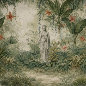 Papier peint panoramique sur mesure – Jungle avec statue – 390 x 280 cm – Image 1