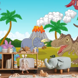 Papier Peint Dinosaures Colorés Et Volcan – Image 5