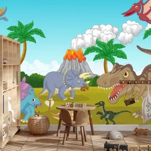 Papier Peint Dinosaures Colorés Et Volcan – Image 3
