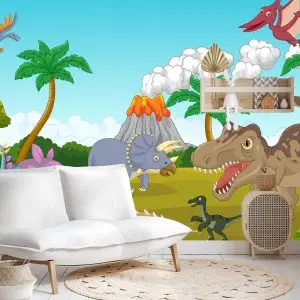 Papier Peint Dinosaures Colorés Et Volcan – Image 4